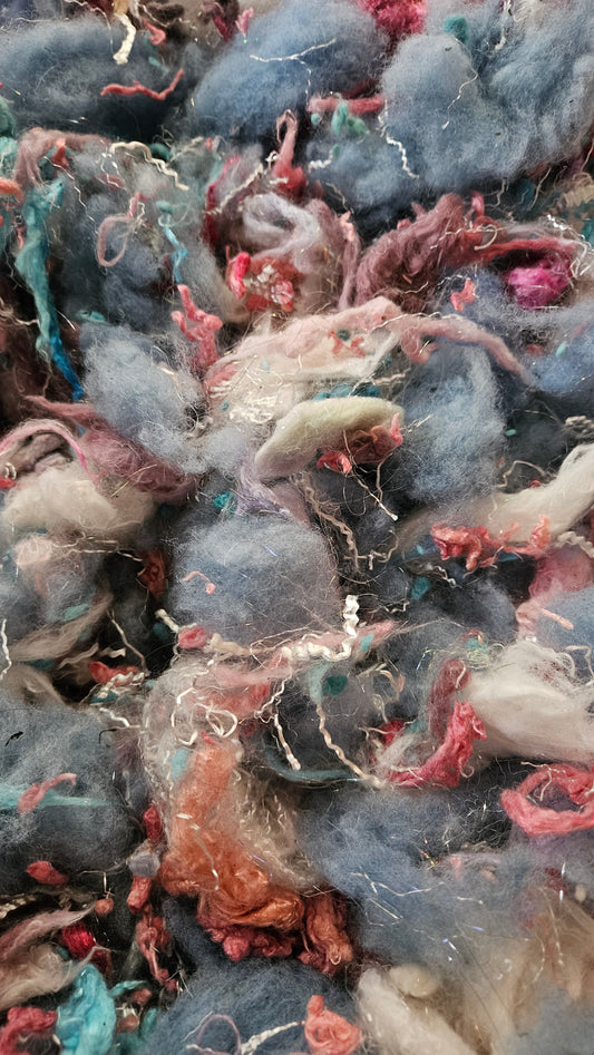 SKY BLUE PINK - limited edition hand-dyed wool noil bamboo fiber art texture for blending, felting, and papermaking - 1.5 oz | 43 g