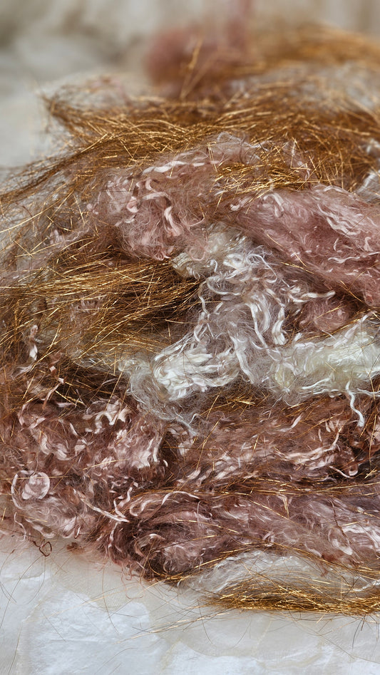 WARM ROSE GOLD SPARKLE - hand-dyed eucalyptus crimp faux-silk with Angelina sparkle for art yarn embellishing, fiber blending, felting, and papermaking - 1 oz | 28 g