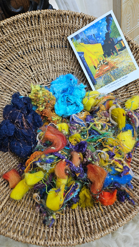 CAFE TERRACE AT NIGHT - hand-dyed limited edition Van Gogh inspired fiber art texture for blending, felting, and papermaking - 2.5 oz | 71 g