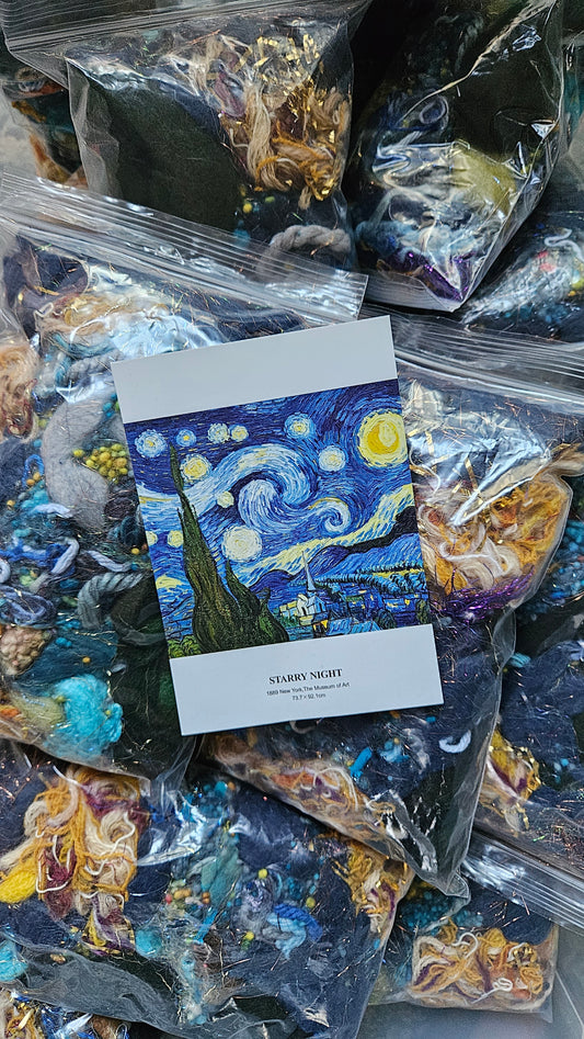 STARRY NIGHT - hand-dyed limited edition Van Gogh inspired fiber art texture for blending, felting, and papermaking - 2.5 oz | 71 g