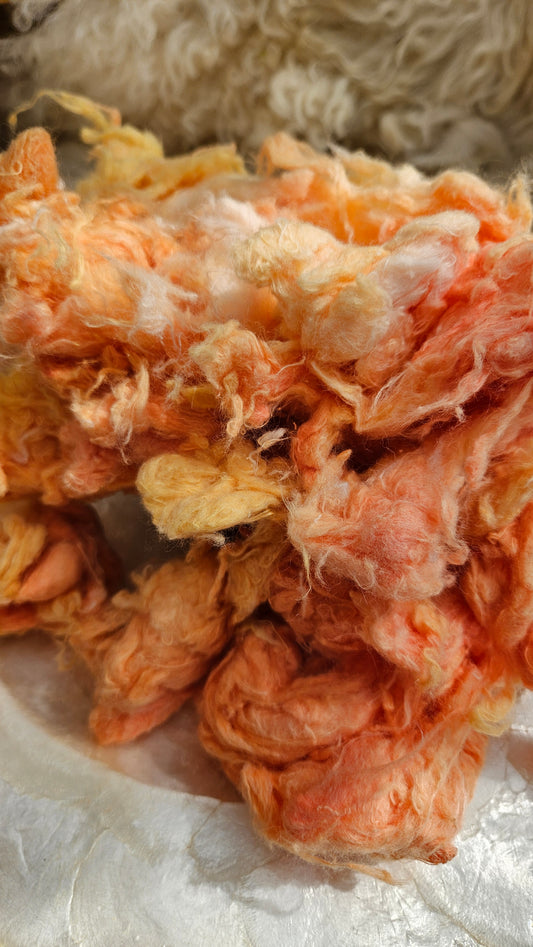 SAFFRON - hand-dyed recycled cotton noil "feathers" effects texture for blending, felting, and papermaking - 2.5 oz | 71 g