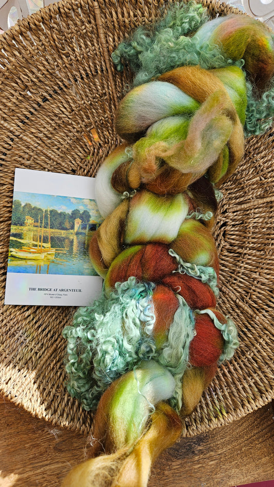ART ROVING - hand-dyed Polwarth Churro BFL - Monet Bridge at Argenteuil Collection 105 - 4.4 oz