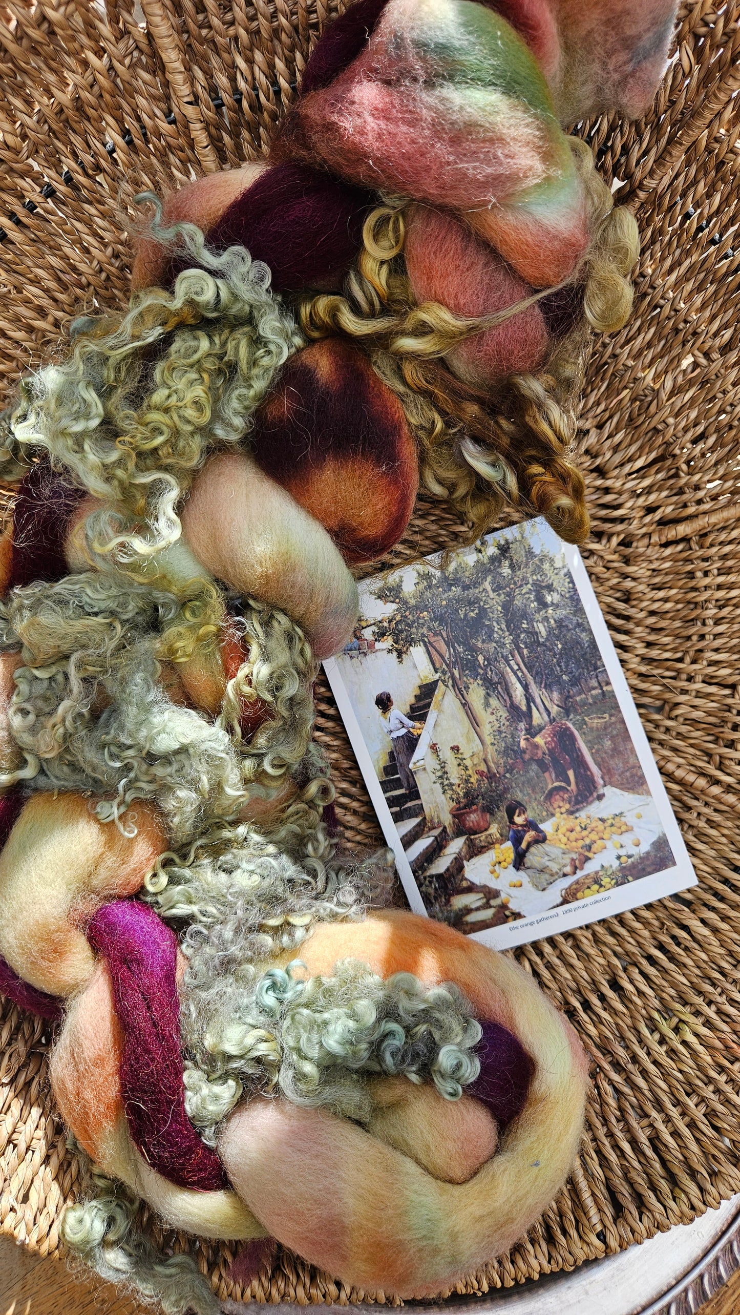 ART ROVING - hand-dyed Polwarth Churro BFL - Waterhouse Gathering Almond Blossoms Collection 107 - 5.1 oz