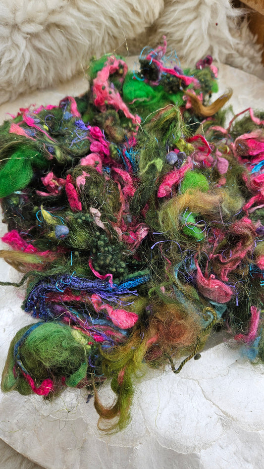 HIBISCUS FOREST - Hand-Dyed Alpaca Bamboo Texture Blend for art yarn embellishing, texture blending, felting, mixed media, and fiber art - 4 ounces | 114 grams