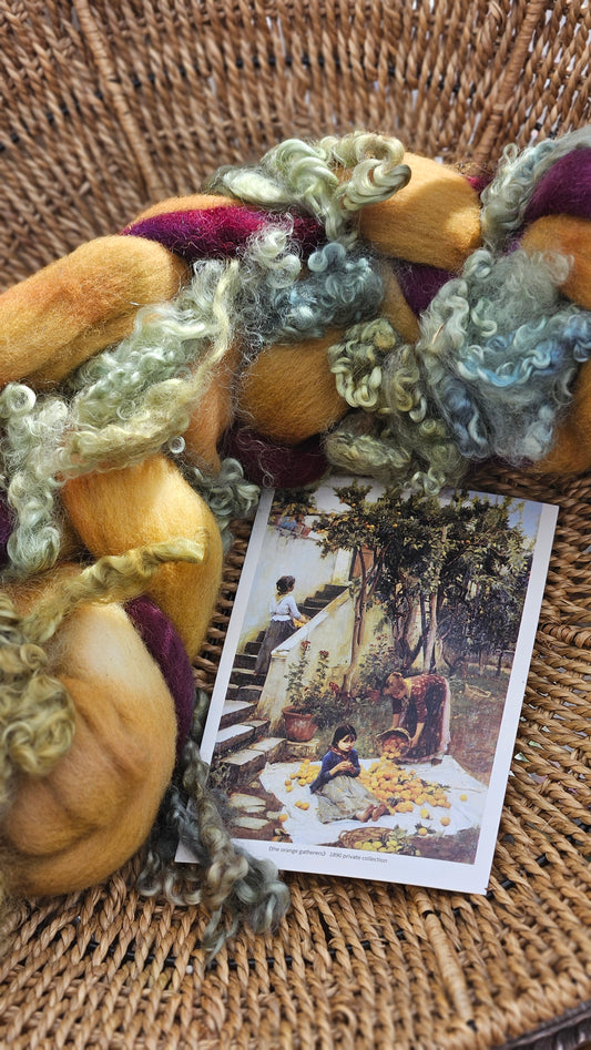 ART ROVING - hand-dyed Polwarth Churro BFL - Waterhouse Gathering Almond Blossoms Collection 108 - 4.2 oz