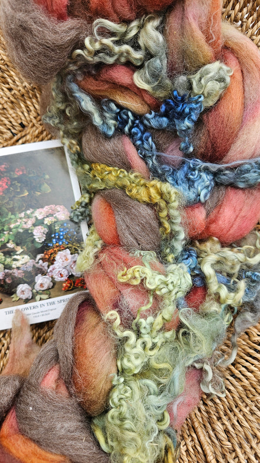 ART ROVING - hand-dyed Polwarth, Fine Wool, Longwool Locks - Monet Flowers In The Spring Collection 104 - 4.8 oz