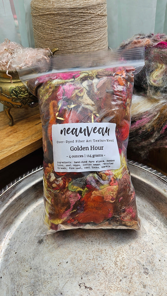 GOLDEN HOUR - Hand-Dyed Alpaca Bamboo Texture Blend for art yarn embellishing, texture blending, felting, mixed media, and fiber art - 4 ounces | 114 grams
