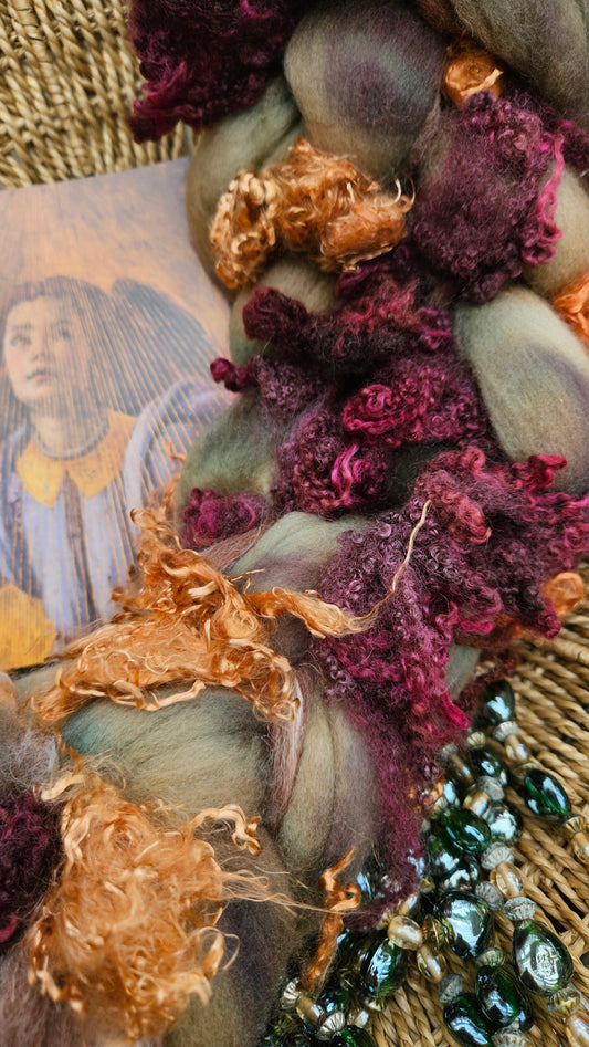 LUXE ART ROVING - hand-dyed Polwarth, Alpaca, Silk, BFL, Eucalyptus Crimp - Botticelli Coronation of Mary Collection 107 - 4.6 oz