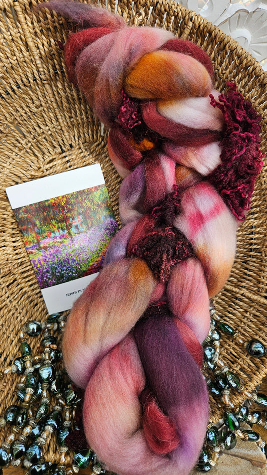 ART ROVING - hand-dyed Polwarth Churro BFL - Monet Irises in Monet's Garden 103 - 4 oz