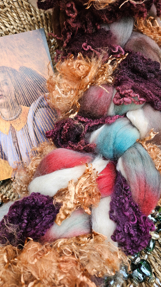 LUXE ART ROVING - hand-dyed Polwarth, Alpaca, Silk, BFL, Eucalyptus Crimp - Botticelli Coronation of Mary Collection 105 - 4.5 oz