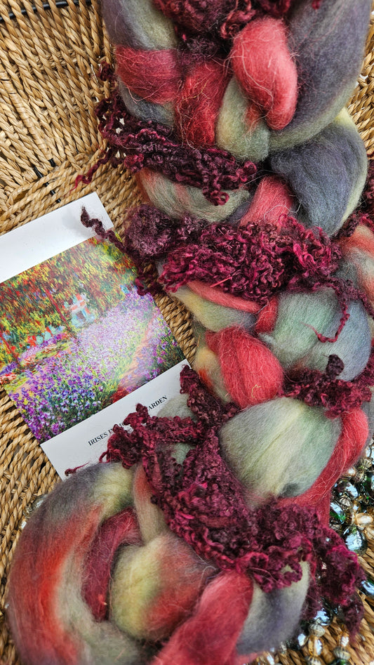 ART ROVING - hand-dyed Polwarth Churro BFL - Monet Irises in Monet's Garden 102 - 4 oz