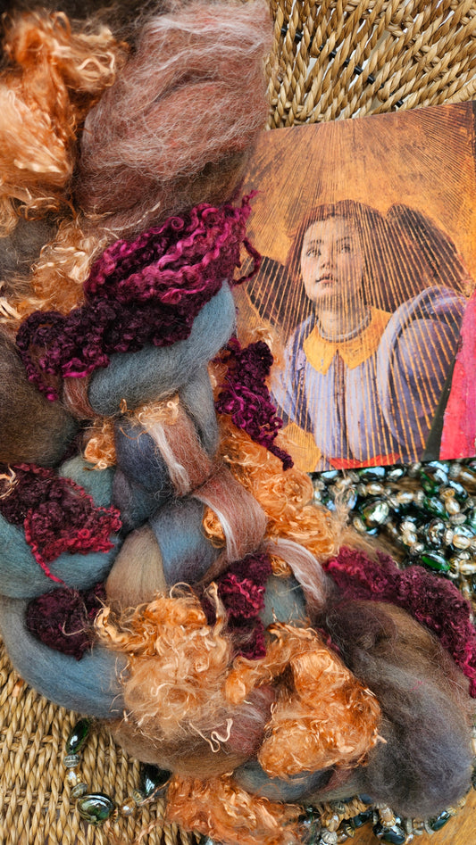 LUXE ART ROVING - hand-dyed Polwarth, Alpaca, Silk, BFL, Eucalyptus Crimp - Botticelli Coronation of Mary Collection 101 - 4.3 oz