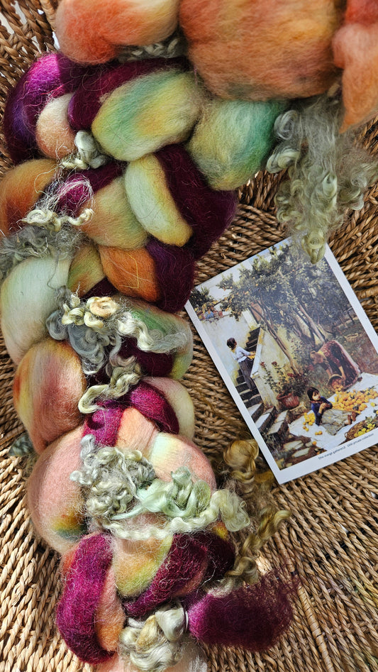 ART ROVING - hand-dyed Polwarth Churro BFL - Waterhouse Gathering Almond Blossoms Collection 107 - 5.1 oz