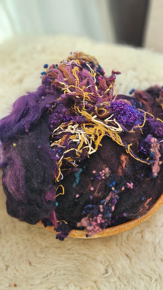 MARDI GRAS - Hand-Dyed Recycled Wool Texture Blend for art yarn embellishing, texture blending, felting, mixed media, and fiber art - 4 ounces | 114 grams
