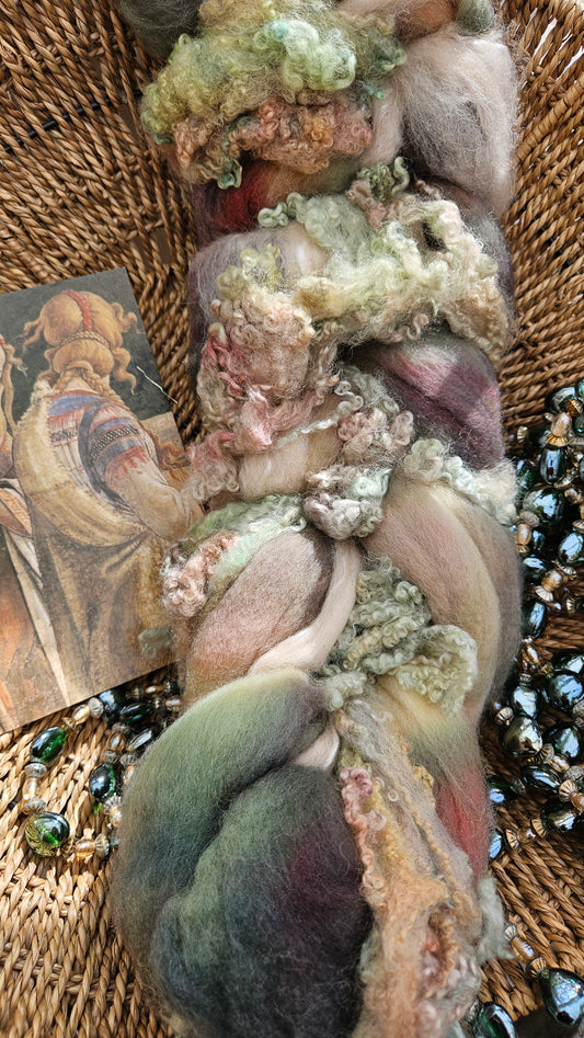 LUXE ART ROVING - hand-dyed Polwarth, Alpaca, Silk, BFL - Botticelli Temptation of Moses Collection 103 - 3.8 oz