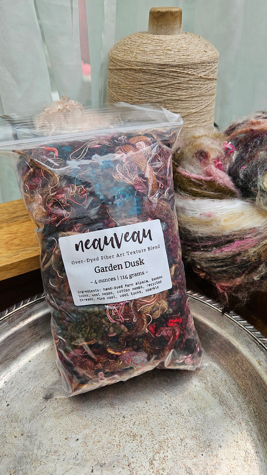 GARDEN DUSK - Hand-Dyed Texture Blend for art yarn embellishing, texture blending, felting, mixed media, and fiber art - 4 ounces | 114 grams