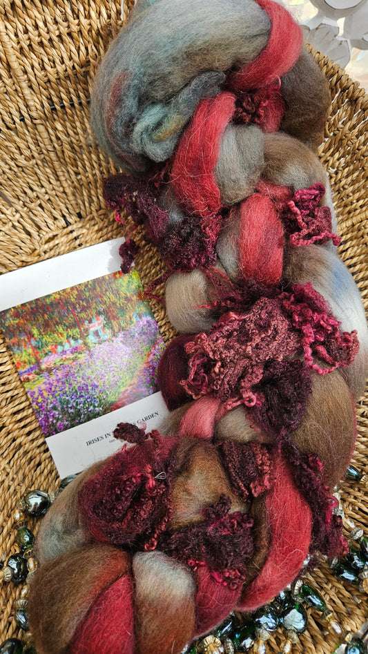 ART ROVING - hand-dyed Polwarth Churro BFL - Monet Irises in Monet's Garden 105 - 4.2 oz