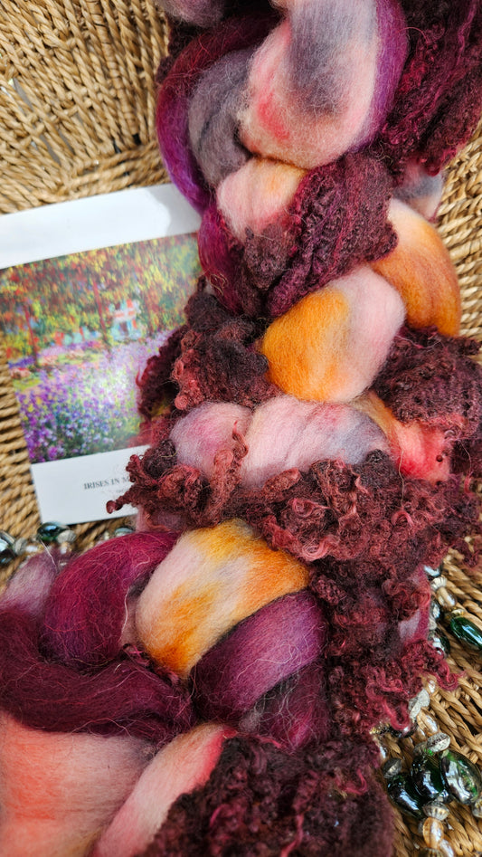 ART ROVING - hand-dyed Polwarth Churro BFL - Monet Irises in Monet's Garden 104 - 3.9 oz