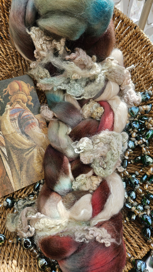 LUXE ART ROVING - hand-dyed Polwarth, Alpaca, Silk, BFL - Botticelli Temptation of Moses Collection 101 - 3.7 oz