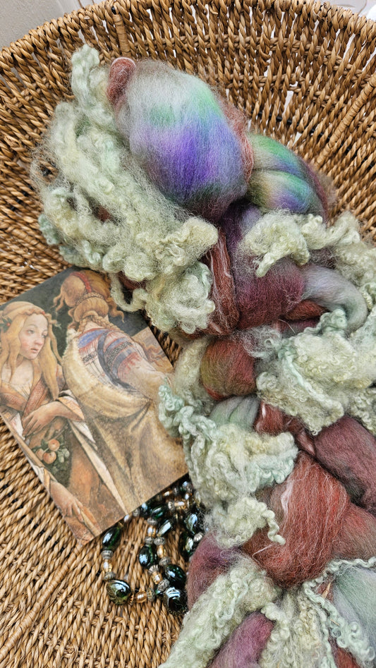 LUXE ART ROVING - hand-dyed Polwarth, Alpaca, Silk, BFL - Botticelli Temptation of Moses Collection 104 - 3.5 oz