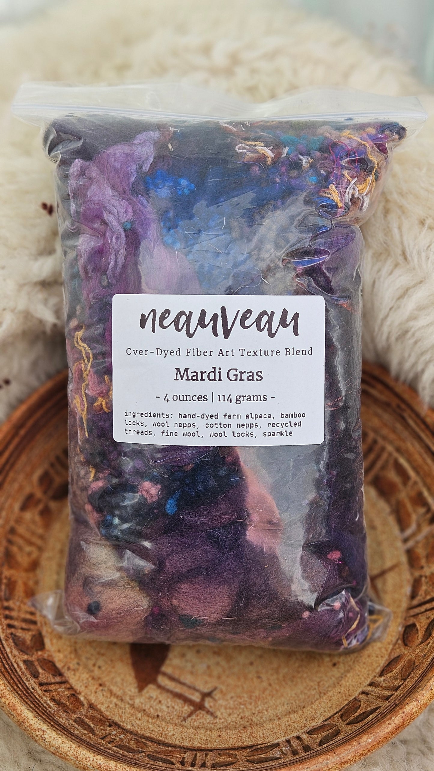 MARDI GRAS - Hand-Dyed Recycled Wool Texture Blend for art yarn embellishing, texture blending, felting, mixed media, and fiber art - 4 ounces | 114 grams
