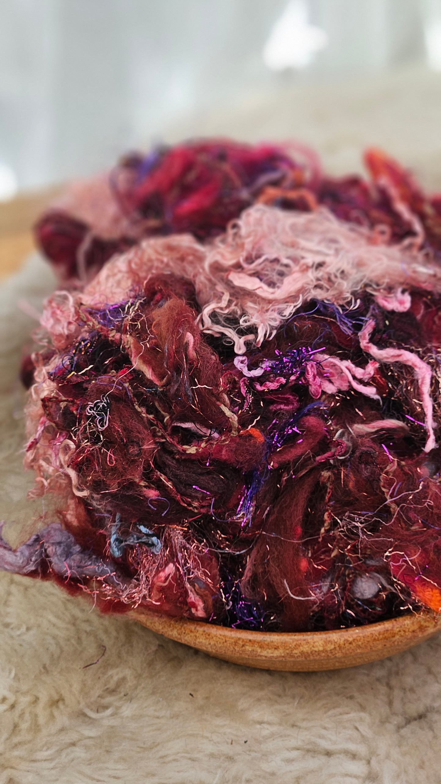 CRANBERRY BOG - Hand-Dyed Alpaca Bamboo Texture Blend for art yarn embellishing, texture blending, felting, mixed media, and fiber art - 4 ounces | 114 grams