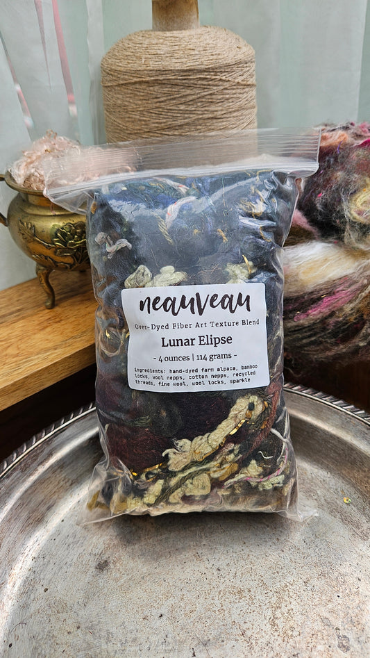 LUNAR ECLIPSE - Hand-Dyed Alpaca Bamboo Texture Blend for art yarn embellishing, texture blending, felting, mixed media, and fiber art - 4 ounces | 114 grams