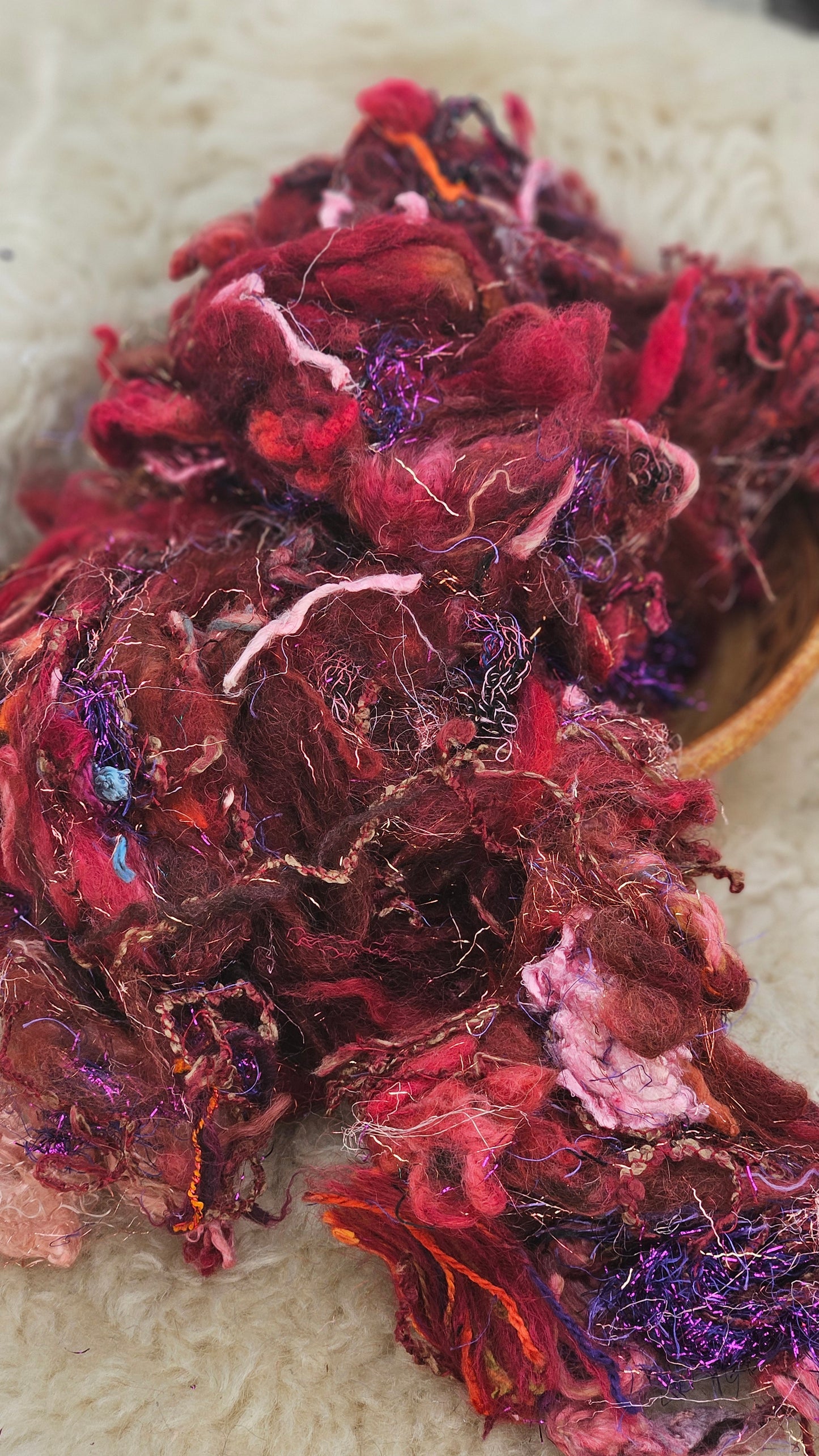 CRANBERRY BOG - Hand-Dyed Alpaca Bamboo Texture Blend for art yarn embellishing, texture blending, felting, mixed media, and fiber art - 4 ounces | 114 grams