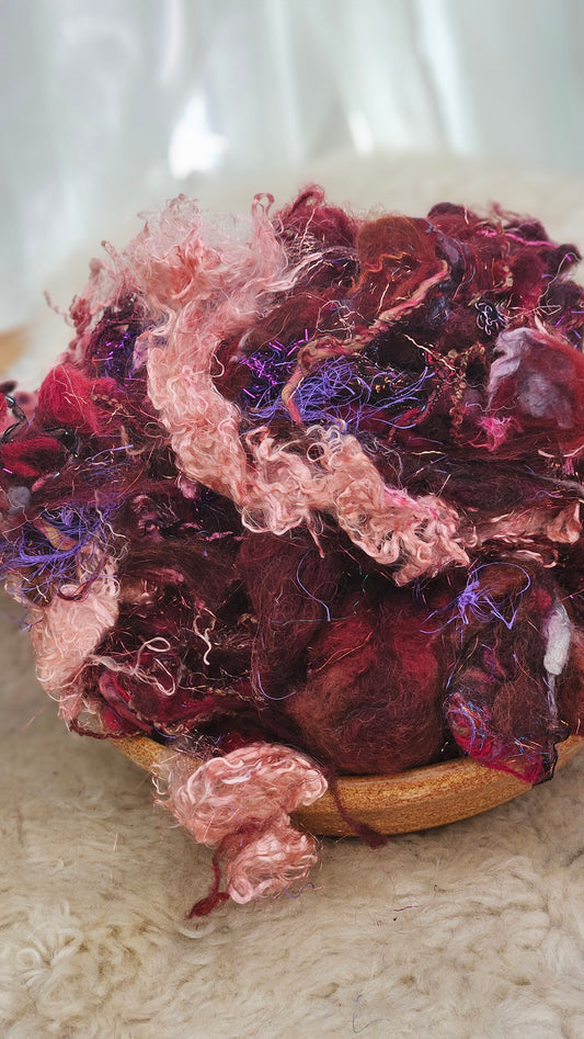 CRANBERRY BOG - Hand-Dyed Alpaca Bamboo Texture Blend for art yarn embellishing, texture blending, felting, mixed media, and fiber art - 4 ounces | 114 grams