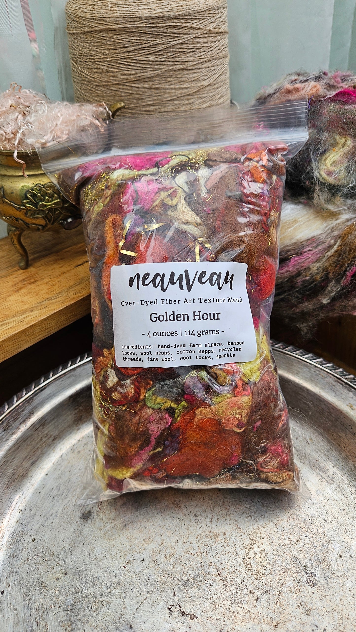 GOLDEN HOUR - Hand-Dyed Alpaca Bamboo Texture Blend for art yarn embellishing, texture blending, felting, mixed media, and fiber art - 4 ounces | 114 grams