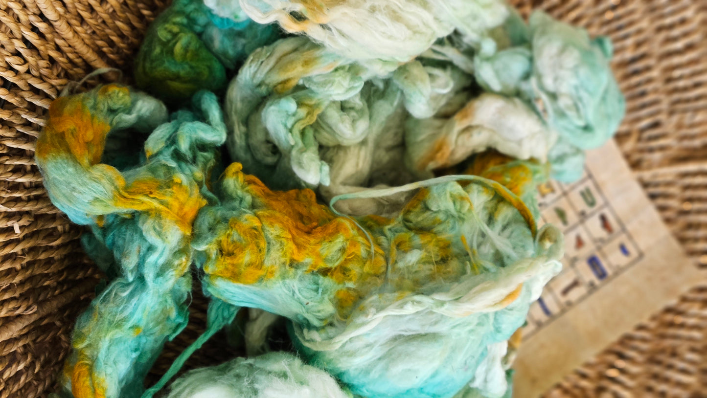 HORUS Hand-Dyed Organic Extra Fine Cotton Noil for fiber art, texture blending, and papermaking - 1 ounce | 28 grams