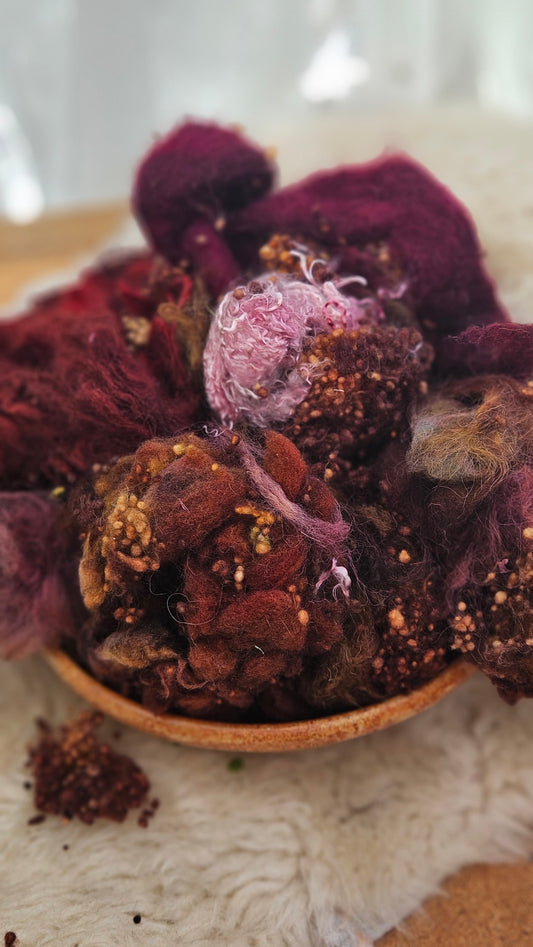 VINEYARD AUTUMN - Hand-Dyed Recycled Wool Texture Blend for art yarn embellishing, texture blending, felting, mixed media, and fiber art - 4 ounces | 114 grams