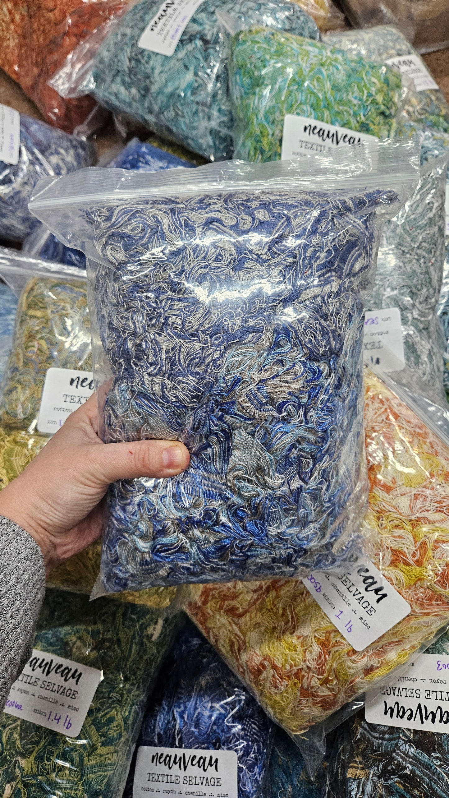 BLUE SKIES - textile selvedge for rug and art weaving and art yarn - SKY007 (1 lb)