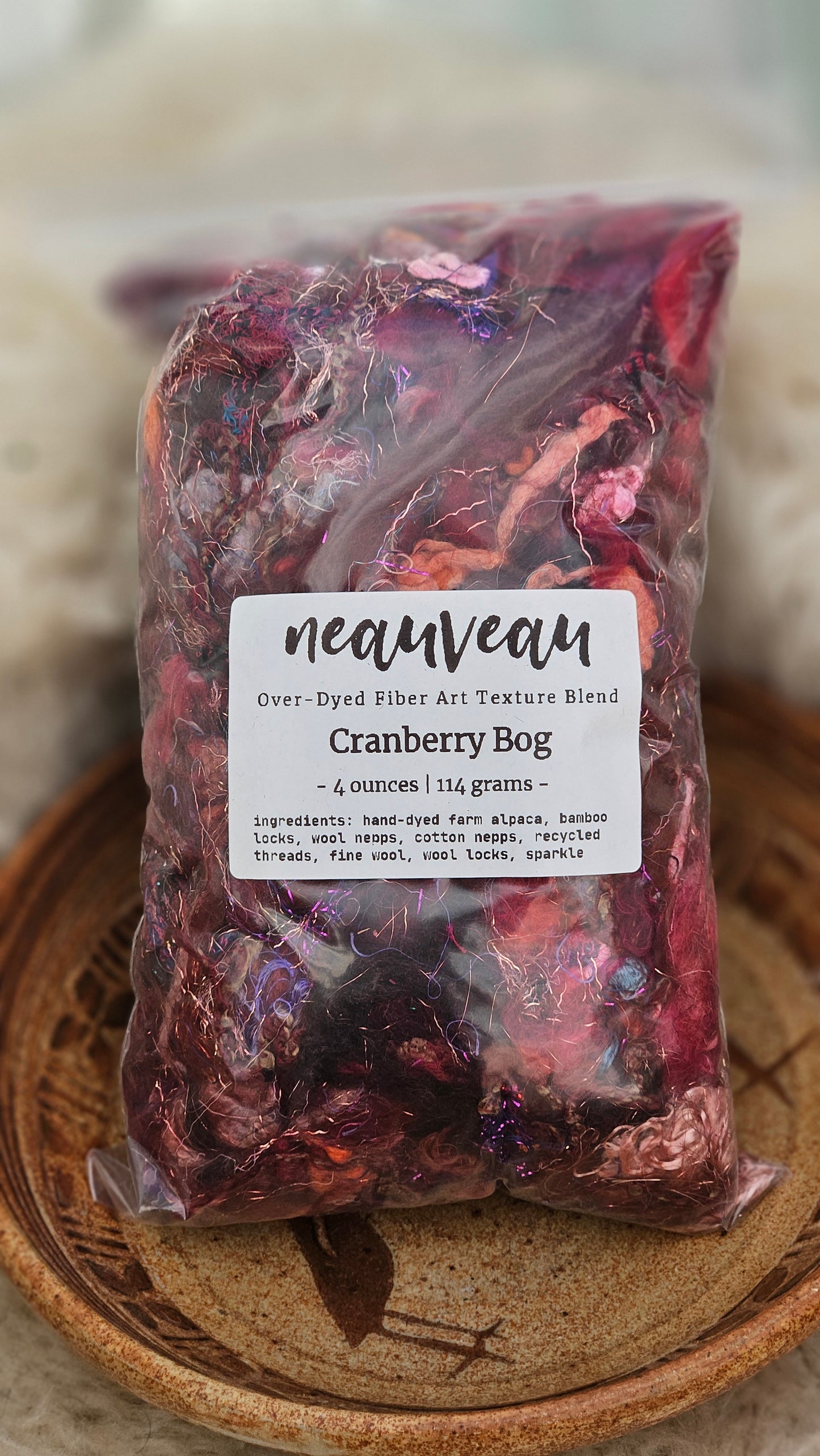 CRANBERRY BOG - Hand-Dyed Alpaca Bamboo Texture Blend for art yarn embellishing, texture blending, felting, mixed media, and fiber art - 4 ounces | 114 grams