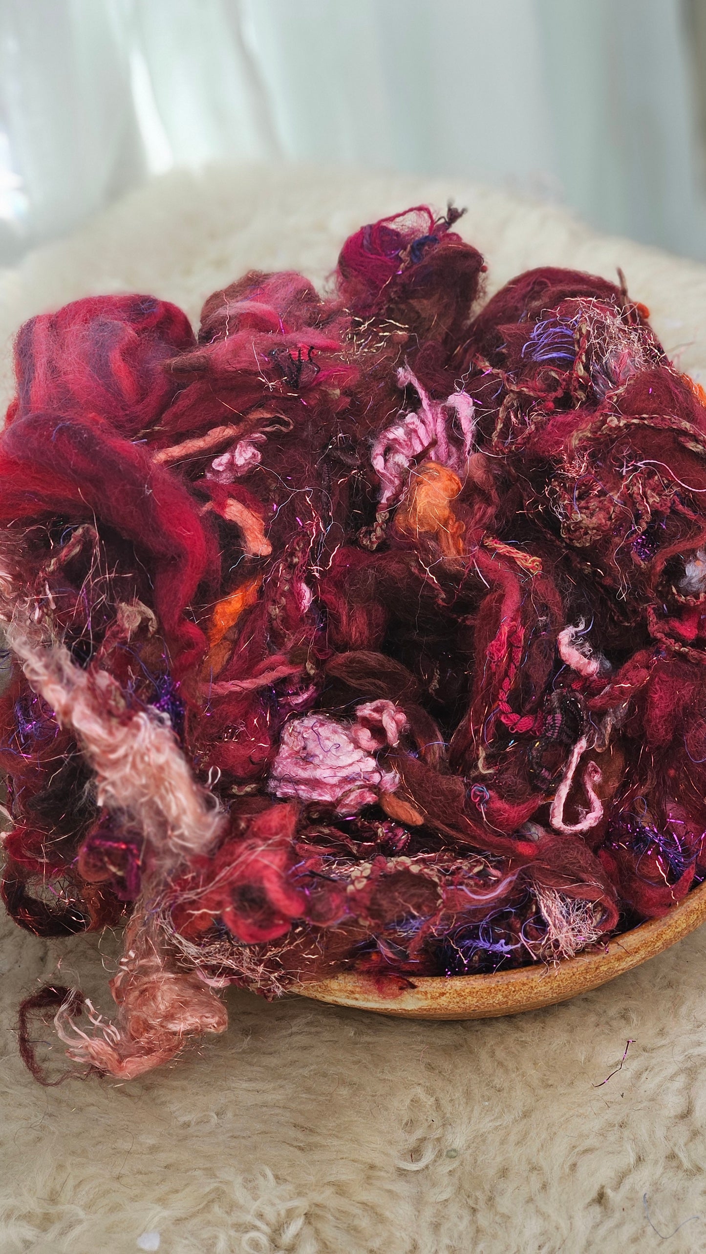 CRANBERRY BOG - Hand-Dyed Alpaca Bamboo Texture Blend for art yarn embellishing, texture blending, felting, mixed media, and fiber art - 4 ounces | 114 grams