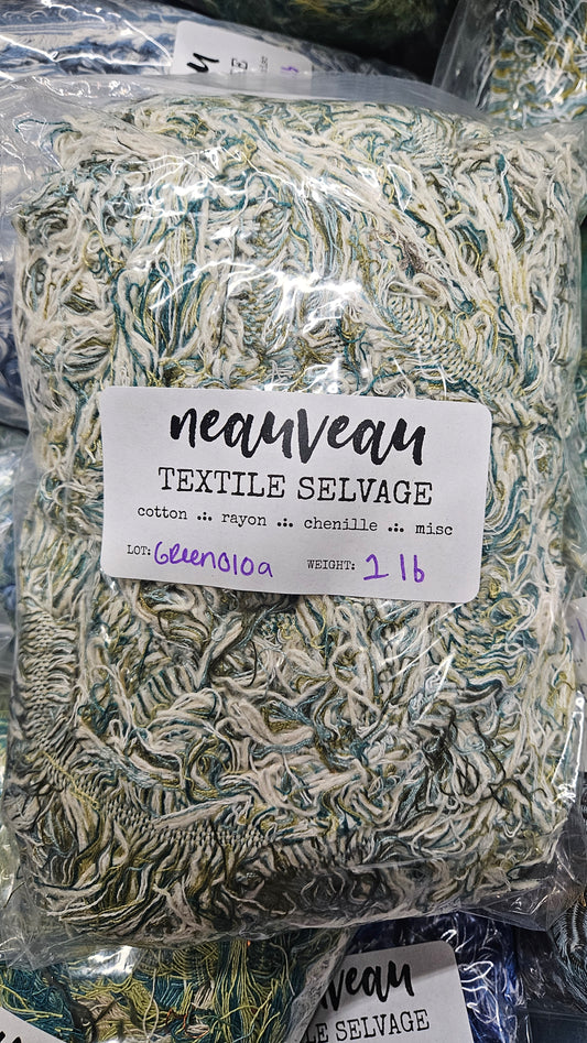 GREEN GRASS - textile selvedge for rug and art weaving and art yarn - GREEN101 (1 lb)