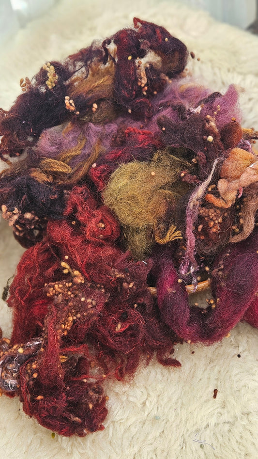 VINEYARD AUTUMN - Hand-Dyed Recycled Wool Texture Blend for art yarn embellishing, texture blending, felting, mixed media, and fiber art - 4 ounces | 114 grams