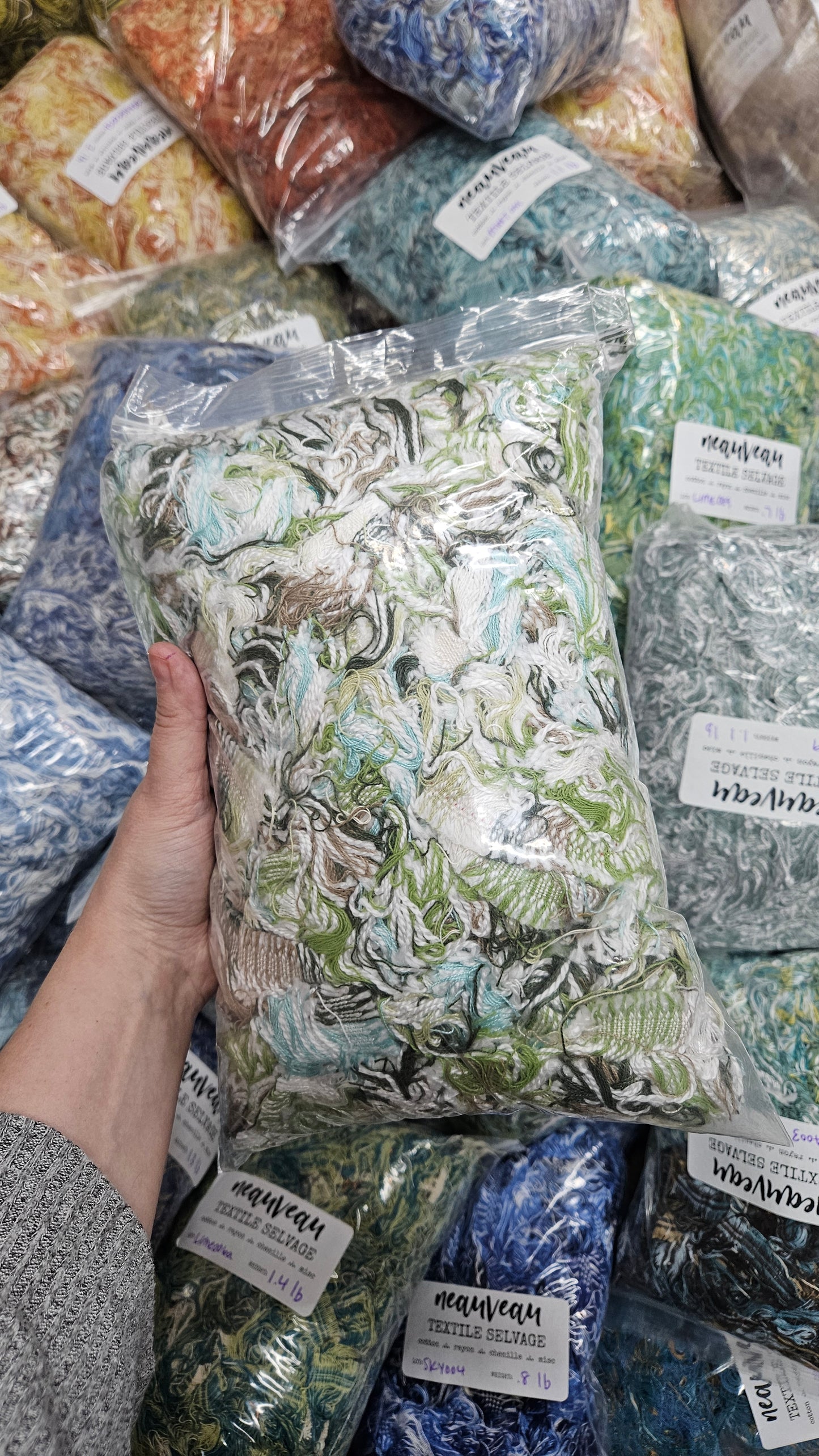 GREEN GRASS - textile selvedge for rug and art weaving and art yarn - GREEN011 (1 lb)