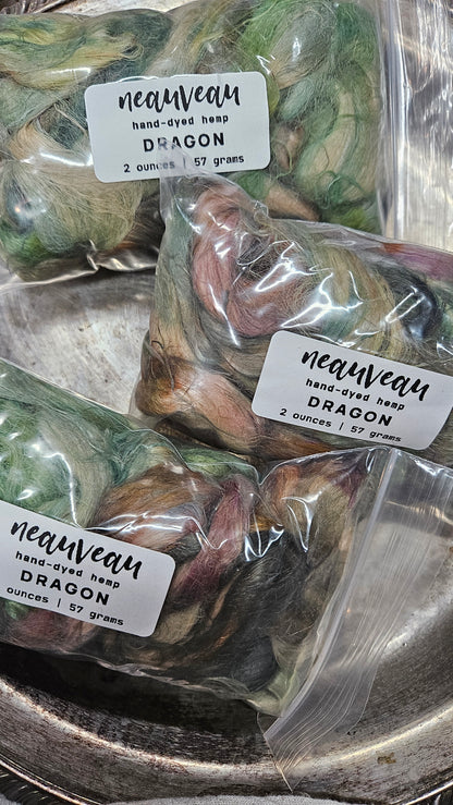 DRAGON - rare hand-dyed hemp top for carding into art batts - 2 ounces | 57 grams
