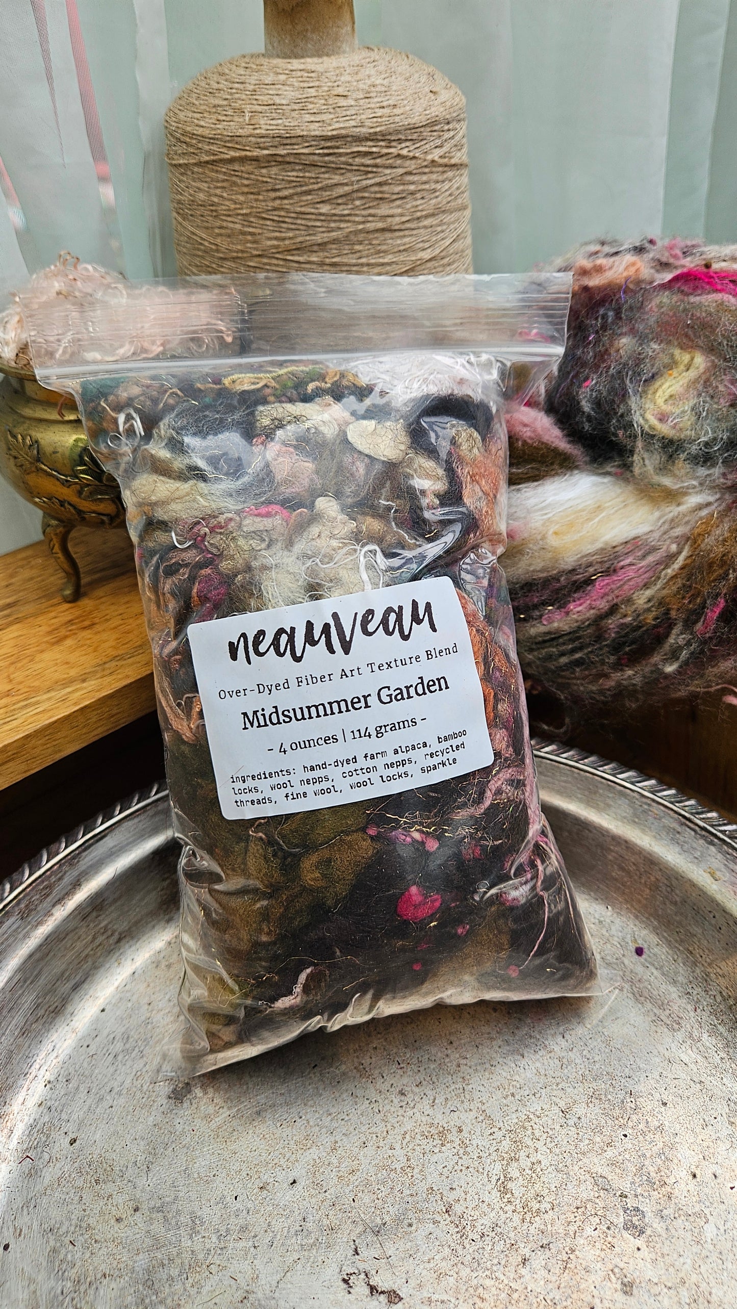 MIDSUMMER GARDEN - Hand-Dyed Alpaca Bamboo Texture Blend for art yarn embellishing, texture blending, felting, mixed media, and fiber art - 4 ounces | 114 grams