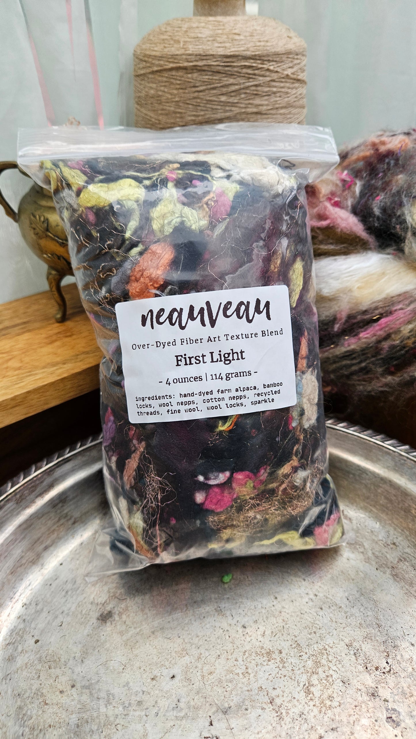 FIRST LIGHT - Hand-Dyed Alpaca Bamboo Texture Blend for art yarn embellishing, texture blending, felting, mixed media, and fiber art - 4 ounces | 114 grams