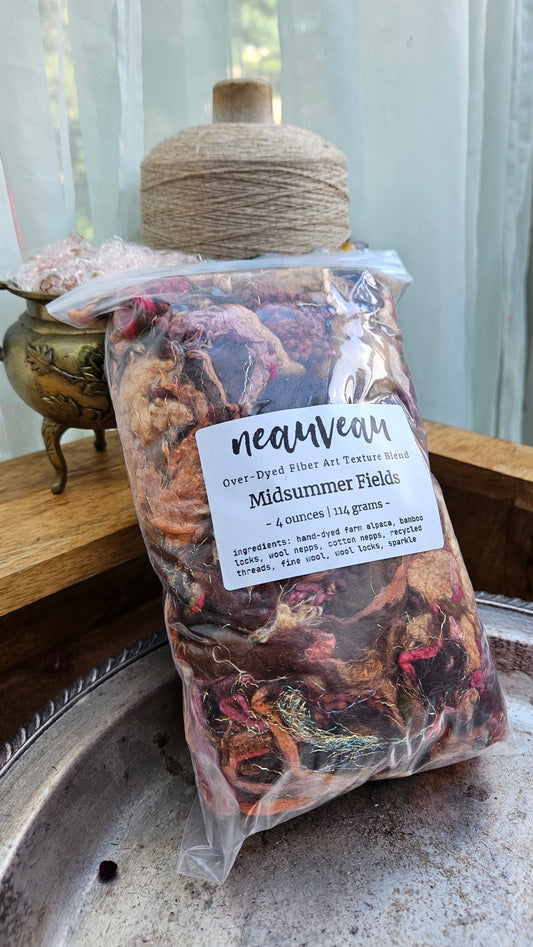 MIDSUMMER FIELDS - Hand-Dyed Alpaca Bamboo Texture Blend for art yarn embellishing, texture blending, felting, mixed media, and fiber art - 4 ounces | 114 grams