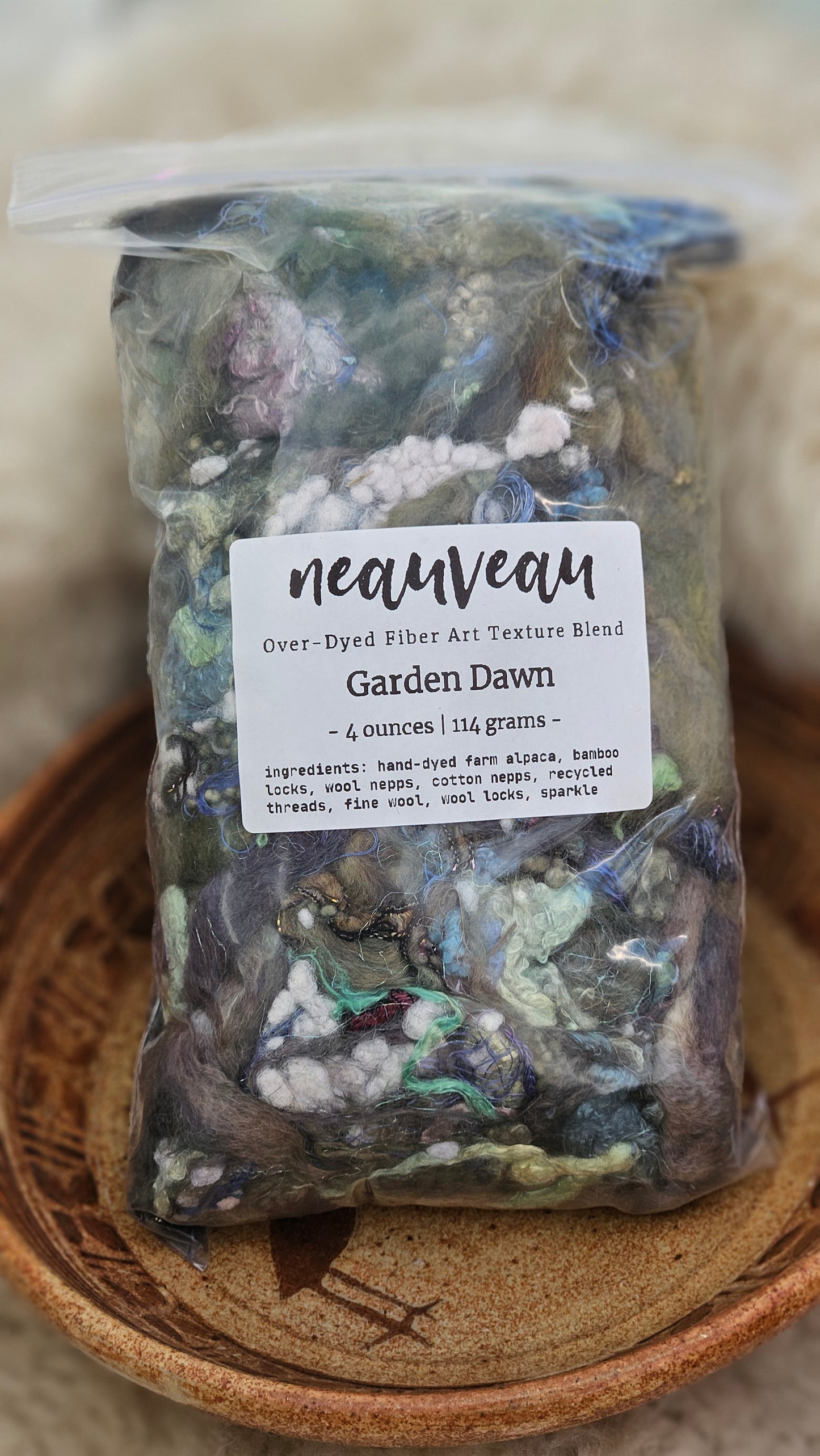GARDEN DAWN - Hand-Dyed Alpaca Bamboo Texture Blend for art yarn embellishing, texture blending, felting, mixed media, and fiber art - 4 ounces | 114 grams