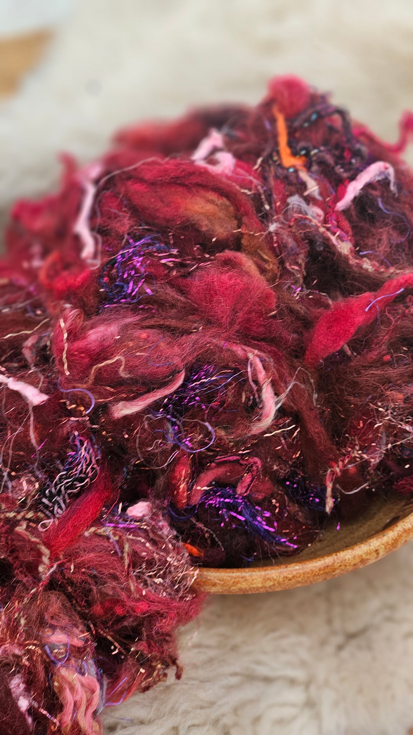 CRANBERRY BOG - Hand-Dyed Alpaca Bamboo Texture Blend for art yarn embellishing, texture blending, felting, mixed media, and fiber art - 4 ounces | 114 grams