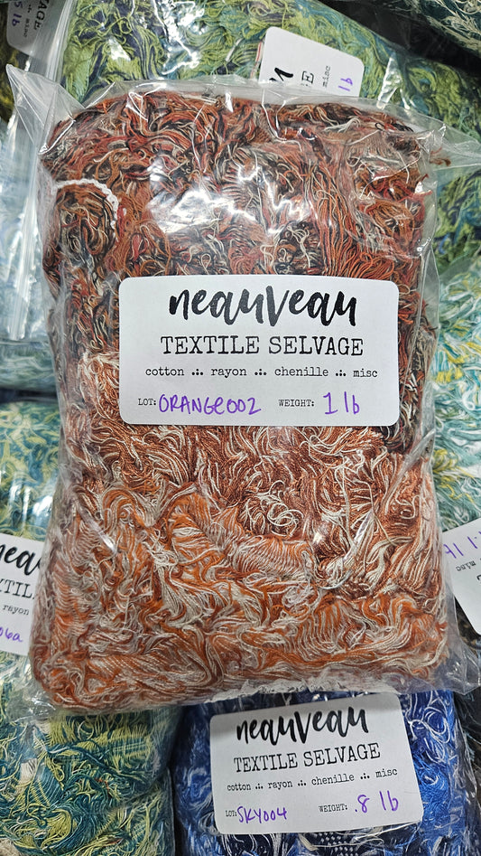 ORANGE GROVE - textile selvedge for rug and art weaving and art yarn - ORANGE002 (1 lb)