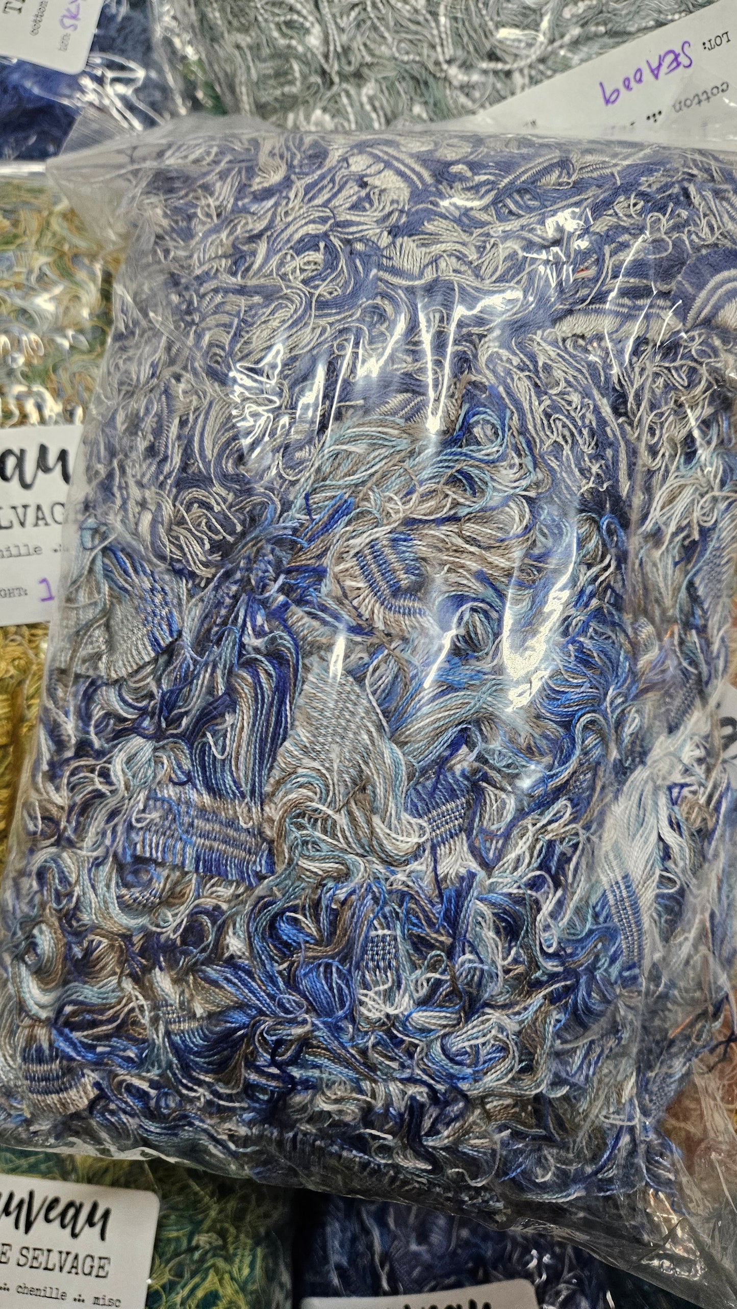 BLUE SKIES - textile selvedge for rug and art weaving and art yarn - SKY007 (1 lb)